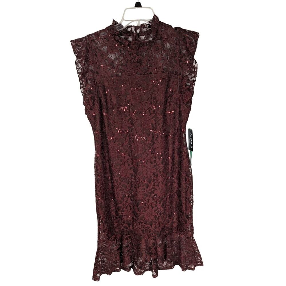 Alex B nites maroon lacedress 12p lined some sequins ruffle neck sleeves hem NWT